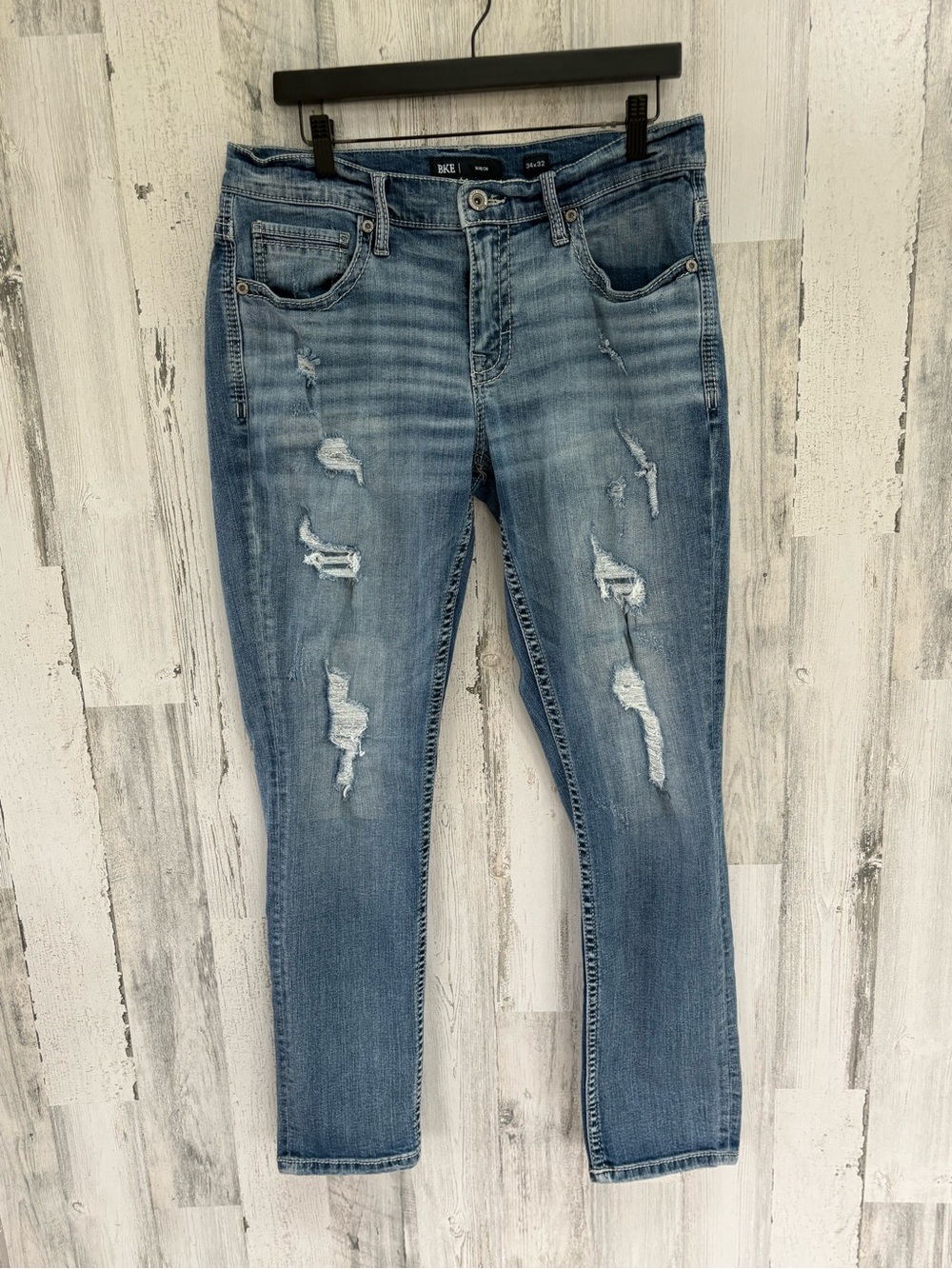 BKE Men’s Mason Size 34X32 Slightly Tapered Zip & Button Closure Distress Jeans